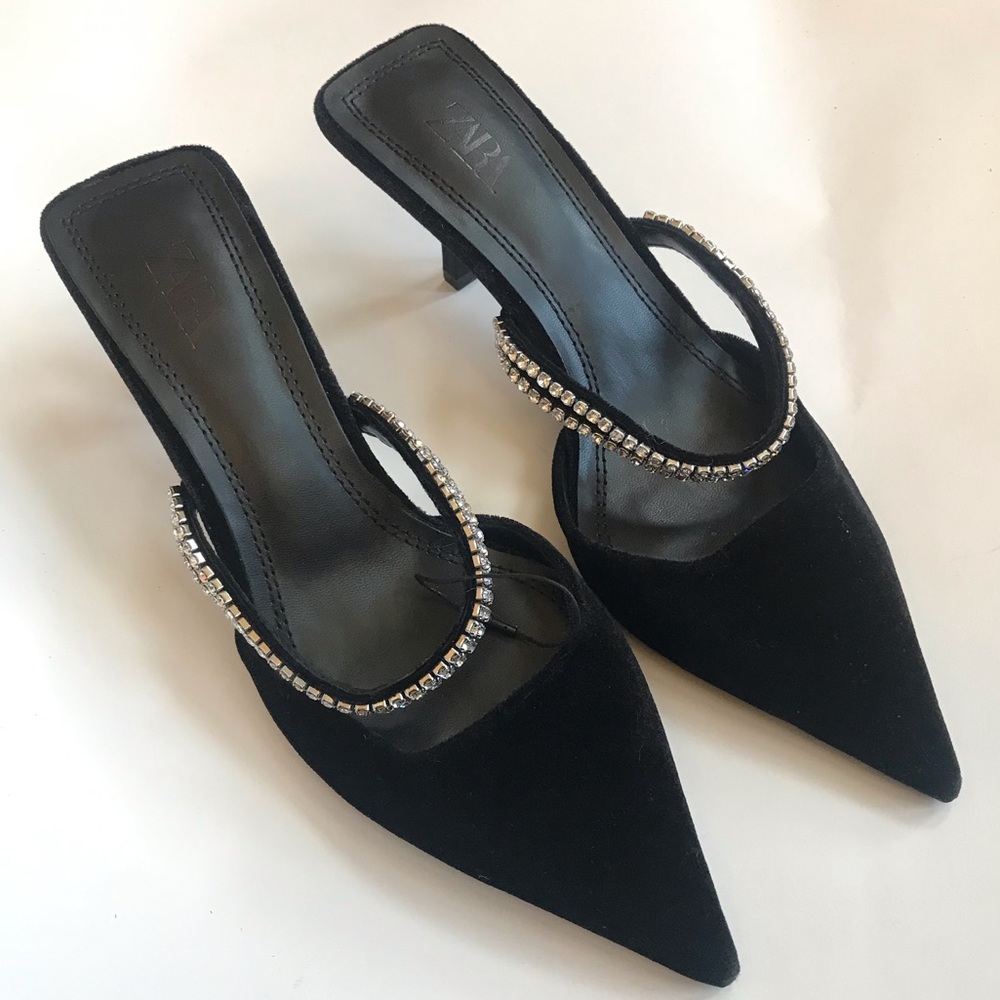Zara crystal strap velvet black mule 6.5 heels 37